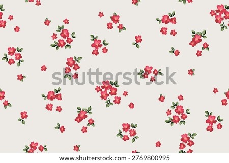 Seamless floral pattern, liberty ditsy print in romantic motif. Cute botanical design of small hand drawn plants, tiny red flowers, leaves, simple mini bouquets, white background. Vector illustration.