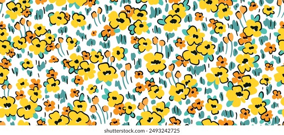 Seamless floral pattern, liberty sketch drawing ditsy print. Cute botanical surface design: abstract hand drawn meadow, cartoon field with small flowers, tiny leaves, grass. Vector illustration.