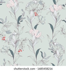 Seamless floral pattern in light beige, cream grey colors. Delicate, graceful background of inflorescences, petals, leaves, stems and flowers hand drawn with ink. Vector illustration with plants.