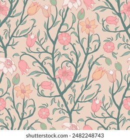 Seamless floral pattern with a light beige background. Stylised tulips flowers in soft pastel shades. Delicate and elegant, with a vintage or retro feel, suitable for wallpaper, fabric.