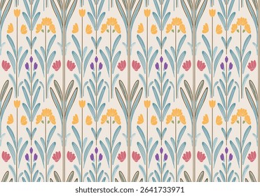 Seamless floral pattern with a light cream background, featuring stylized yellow, purple, and pink flowers and green leaves arranged in a symmetrical, vertical layout.