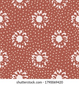 Seamless floral pattern with light flowers on red dotted background. Great for fabric, textile, wrapping paper, wallpaper. Vector illustration.