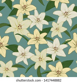 Seamless floral pattern. Light lilies with leaves on calm blue background. Suitable for textile, packaging.