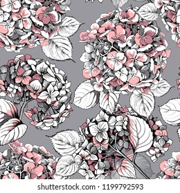  Nahtlose Blumenmuster. Hellrosa Hydrangea-Blumen und Blätter auf grauem Hintergrund. Textile Zusammensetzung, handgezeichnet Druck.  Vektorgrafik.