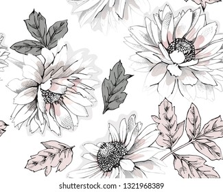 Seamless floral pattern. Light pink Heliopsis flowers and leaves on a white background. Textile composition, hand drawn style print. Vector illustration.
