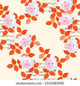 Seamless floral pattern with light pink roses, orange leaves and musical notes on beige background.