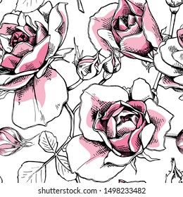 Seamless floral pattern with light pink Rose flowers, leaves and buds on a white background.  Textile composition, hand drawn style print. Vector illustration.
