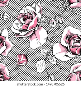 Seamless floral pattern with light pink Rose flowers, leaves and buds on a geometric background. Textile composition, hand drawn style print. Vector illustration.