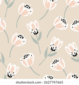 Padrão floral sem costura com tulipas rosa claro e hastes verdes no fundo bege