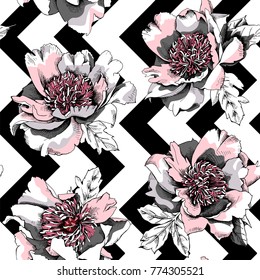 Seamless floral pattern. Light pink Peony with a stamens, leaves on a black and white geometric background. Vector illustration.