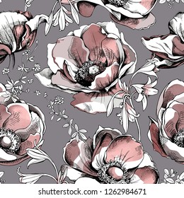 Seamless floral pattern. Light rose gold Anemone flowers and herb leaves on a gray background. Textile composition, hand drawn style print. Vector illustration.