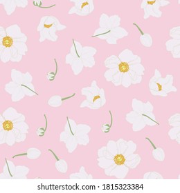 Seamless floral pattern. Light rose gold Anemone flowers on a pink background. Textile composition, hand drawn style print. 