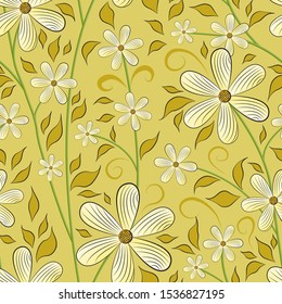 Seamless floral pattern. Light sand flowers on yellow-green stems, ocher leaves, yellow background. Great for decorating fabrics, textiles, gift wrapping design, any printed materials and advertising.