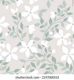 
Seamless floral pattern with light watercolor composition. Delicate botanical background design with small white flowers, leaves on thin branches. Vector illustration.