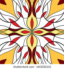 Patrón floral sin fisuras como mandala sobre fondo blanco. Elementos naranja, amarillo, rojo y marrón.