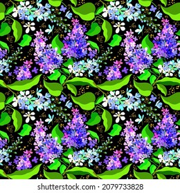Seamless floral pattern with lilac and bird cherry on black background.