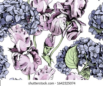 Seamless floral pattern. Lilac Iris, blue  Hydrangea flowers and buds. Textile composition, hand drawn style print. Vector illustration.