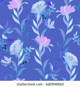 Seamless floral pattern in lilac, silver blue colors. Delicate, graceful background of inflorescences, petals, leaves, stems and flowers hand drawn with ink. Vector illustration with plants.