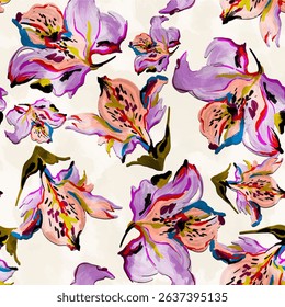 Seamless floral pattern with lilac and yellow hand drawn abstract flower background elements. Flower garden wallpaper design vector