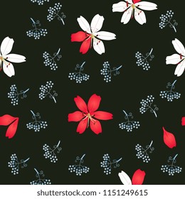 Seamless floral pattern with lilies and silhouettes of mini umbrella flowers isolated on black background in vector. Print for fabric.