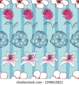 Seamless floral pattern of lilies, succulent, roses and small white flowers illustration. striped background
