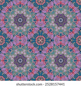 Seamless floral pattern with lilies of the valley and beautiful mandalas. The images are created without the use of any artificial intelligence software at any stage.