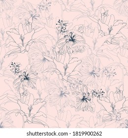 Nahtlose Blumenmuster Lilly und Hibiscus Blumen auf einzeln rosafarbenem, pastellfarbenem Hintergrund.Vektorgrafik handgezeichnet.