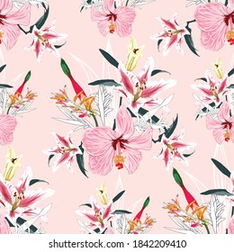 Seamless floral pattern Lilly,bird of paradise and Hibiscus flowers on isolated pink pastel background.Vector illustration watercolor hand drawn.