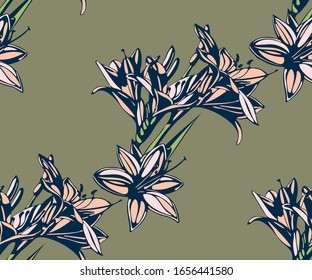 Seamless floral pattern with Lily flowers. Hand drawn ink illustration. Vector pattern. Print for textile, cloth, wallpaper, scrapbooking