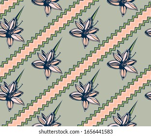 Seamless floral pattern with Lily flowers. Hand drawn ink illustration. Vector pattern. Print for textile, cloth, wallpaper, scrapbooking