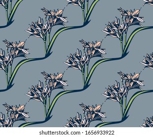 Nahtlose Blumenmuster mit Lily Blumen. Handgezeichnete Tintengrafik. Muster der Vektorillustration. Druck für Textilien, Gewebe, Tapeten, Scrapbooking