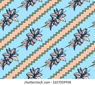 Seamless floral pattern with Lily flowers. Hand drawn ink illustration. Vector pattern. Print for textile, cloth, wallpaper, scrapbooking