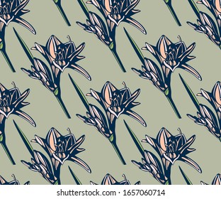 Impresionante estampado floral con flores lirio. Ilustración de tinta dibujada a mano. Patrón vectorial. Impresión para textiles, paños, papel pintado, rayado