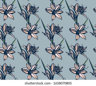 Seamless floral pattern with Lily flowers. Hand drawn ink illustration. Vector pattern. Print for textile, cloth, wallpaper, scrapbooking