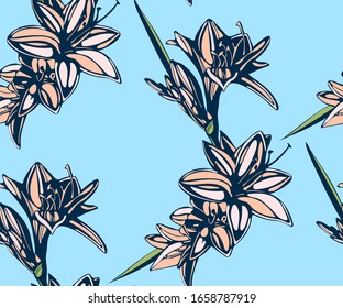 Impresionante estampado floral con flores lirio. Ilustración de tinta dibujada a mano. Patrón vectorial. Impresión para textiles, paños, papel pintado, rayado