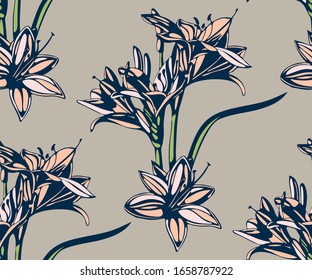 Seamless floral pattern with Lily flowers. Hand drawn ink illustration. Vector pattern. Print for textile, cloth, wallpaper, scrapbooking