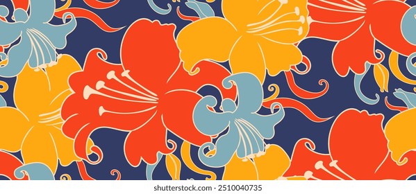 Seamless floral pattern with lily flowers. Botanical motifs random in minimalistic retro style. For fashion prints, textile design, home decor.