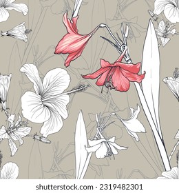 Seamless floral pattern with lily and hibiscus flowers on isolated  background.Vector illustration hand drawning.For fabric pattern print design texture