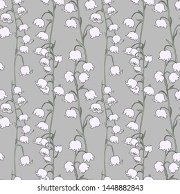 Seamless floral pattern. Pattern of Lily of the valley flowers. Contour drawing of Lily of the valley branches. For decor and design of fabric, paper, packaging, Wallpaper.Gray color.