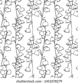 Seamless floral pattern of Lily of the valley flowers.Contour drawing of Lily of the valley branches.Black and white color.For decor and design of fabric, paper, Wallpaper.