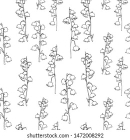 Seamless floral pattern of Lily of the valley flowers.Contour drawing of Lily of the valley branches.Black and white color.For decor and design of fabric, paper, Wallpaper. 