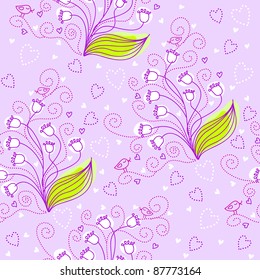 Seamless floral pattern with lily of the valley and cute birds