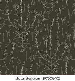 Seamless floral pattern Linaria vulgaris, common toadflax, yellow toadflax or butter-and-eggs is a species of toadflax, snapdragon, hand drawn vector ink sketch plant illustration isolated on black