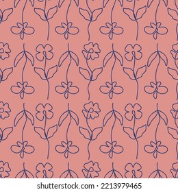 Seamless floral pattern with line art hand drawn simple flowers and leaves. Retro minimalistic background. Abstract botanical motifs decoration. Vector illustration.