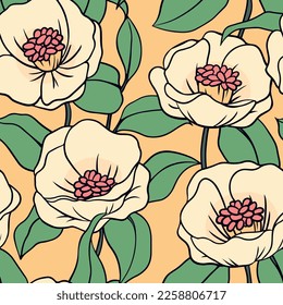 Seamless floral pattern with line art plants. Cute flower print, botanical background with hand drawn plants: large white flowers, green leaves on a yellow background. Vector illustration.