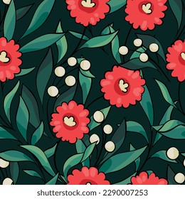 Seamless floral pattern with line art plants. Cute botanical design for print: hand drawn wild plants, small red flowers, berries, twigs and leaves on a dark background. Vector illustration.