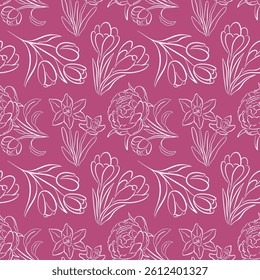 Seamless floral pattern with line art style spring flower including tulip, daffodil, crocus and peony on a pink background. Ideal for fabric wallpaper and stationery design.
