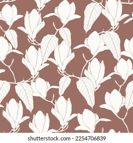 Seamless floral pattern with line tropical magnolia flowers with leaves on vintage background. Template design for textiles, interior, clothes, wallpaper. Botanical art. 