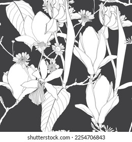 Seamless floral pattern with line tropical magnolia, camomile, tulip flowers with leaves on vintage background. Template design for textiles, interior, clothes, wallpaper. Botanical art. 