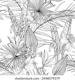Nahtloses Blumenmuster mit tropischen Linien- und Palmblättern und Anthuriumblättern. Tropischer Musterhintergrund. Vektorillustration des Bestands.